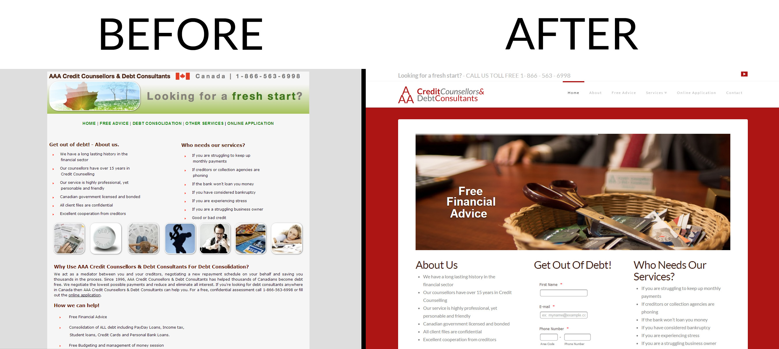 Before and After screen shots of AAA Credit Counselling Website